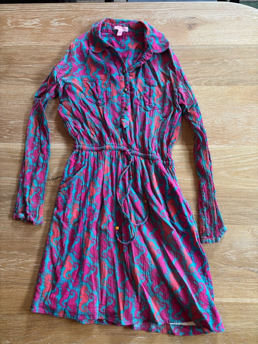 Lilly Pulitzer Pink & Teal Printed Drawstring Shirt Dress
